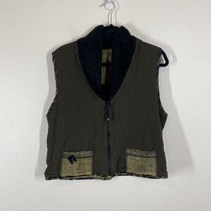 VTG KD Spring Reversable Vest Womens Medium Brown Green Art to Wear Zip Up Artsy